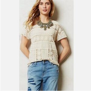 Lili's Closet Anthropologie Karen shirt cream ivory lace floral embroidered
